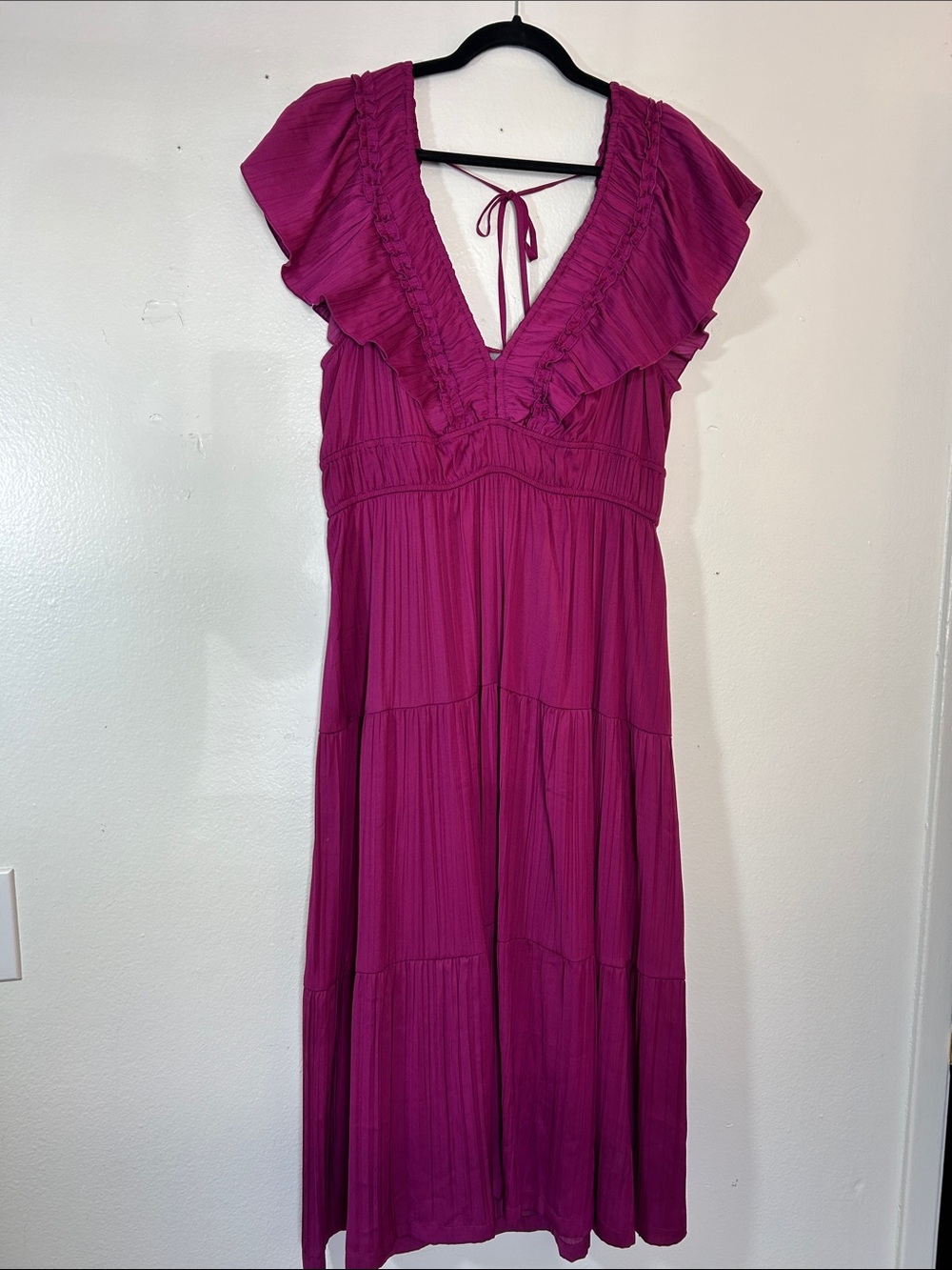 Anthropologie Fuchsia Ruffled V-Neck Midi Dress